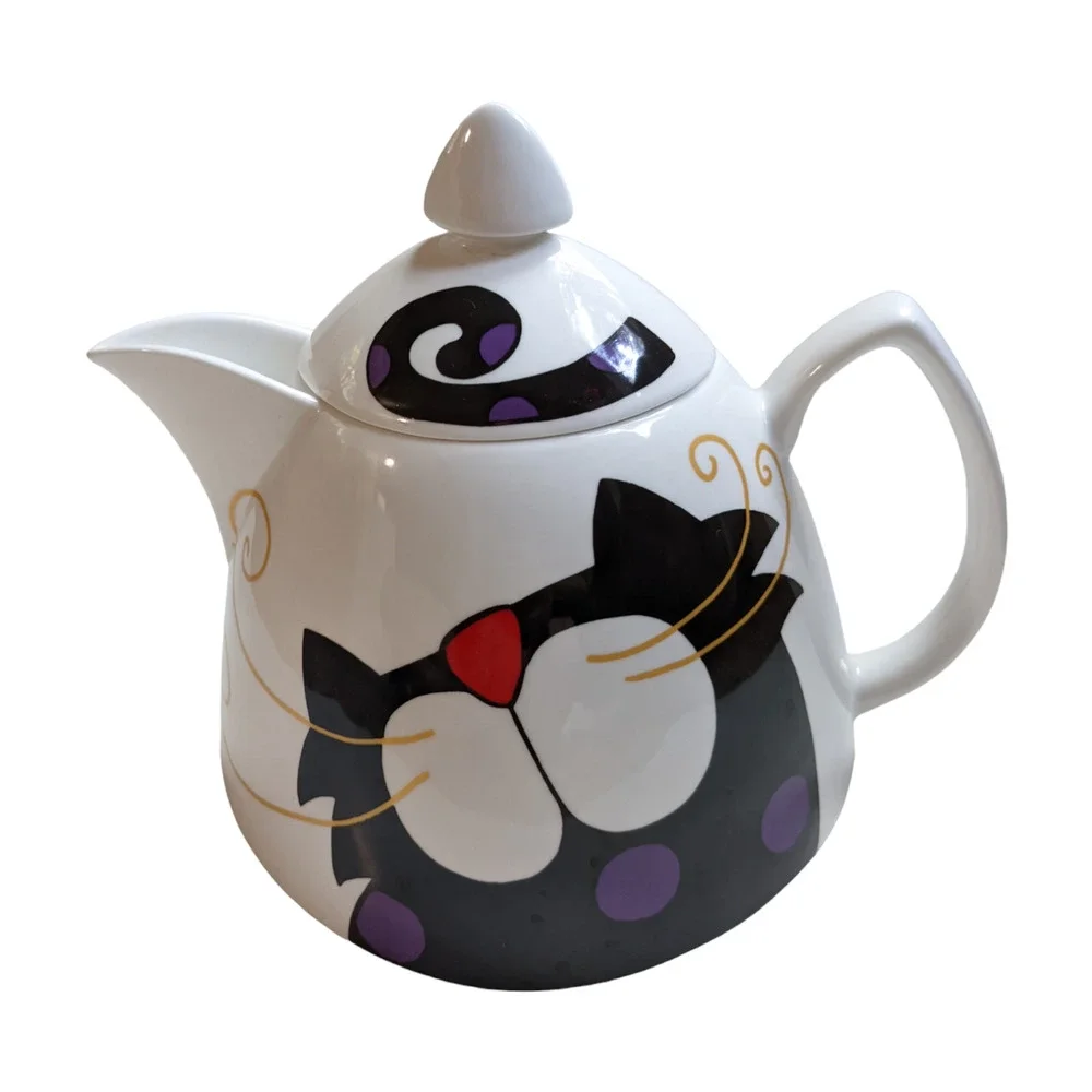 Vintage 90's Y2K Cat Teapot, Bone China with Art Deco Black & White‎ Cat Design
